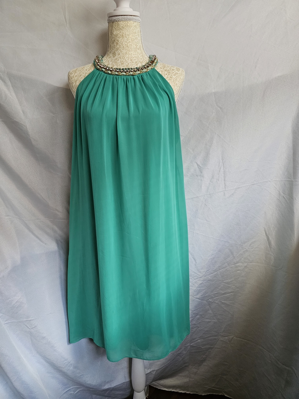 MSK  Halter With Beaded Neck Teal Swing Dress. Sz 10